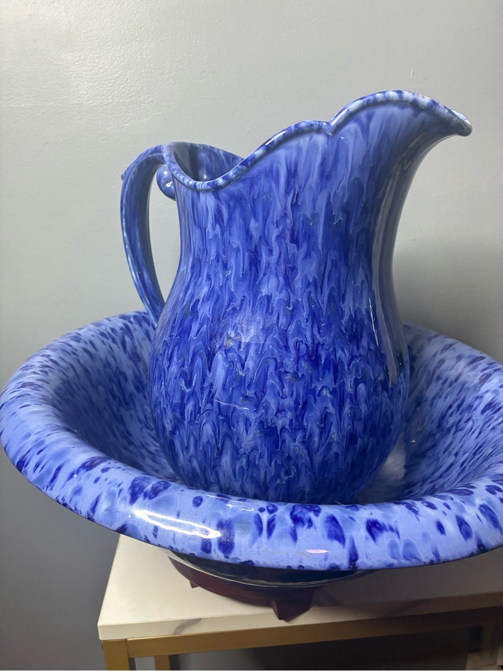 Haeger Blue Agate Pottery Pitcher & Wash Basin Set USA 4295